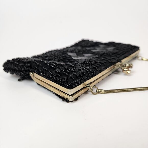 VTG Black Small Beaded Purse Womens Handbag 1920s Flapper Gir Made In‎ Hong Kong - Picture 15 of 16